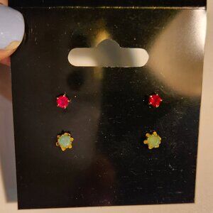 Two Pairs of Tiny Stud Earrings - Ruby & Green Jade